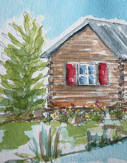 The Red Shutter Cabin detail, original watercolor by Lynnie Broos Art