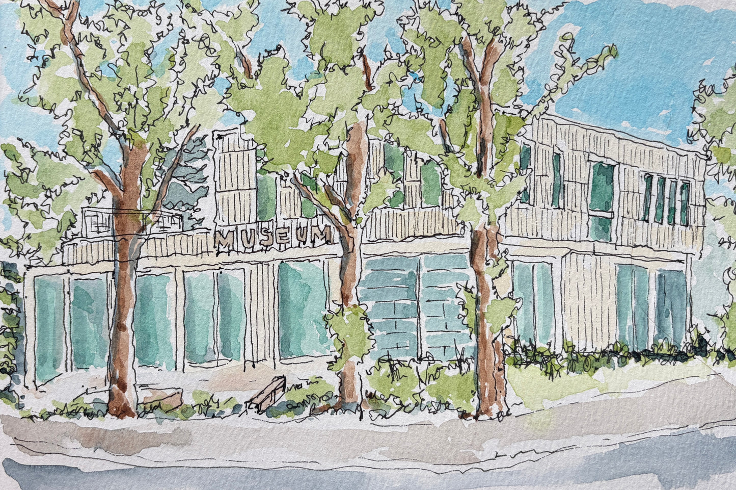 Watercolor and ink painting of The History Museum in Jackson, Wyoming seen through leafy green trees