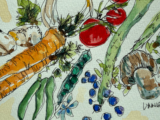 Close-up of the garden harvest watercolor showing tomatoes, an open pea pod, blueberries and mushrooms