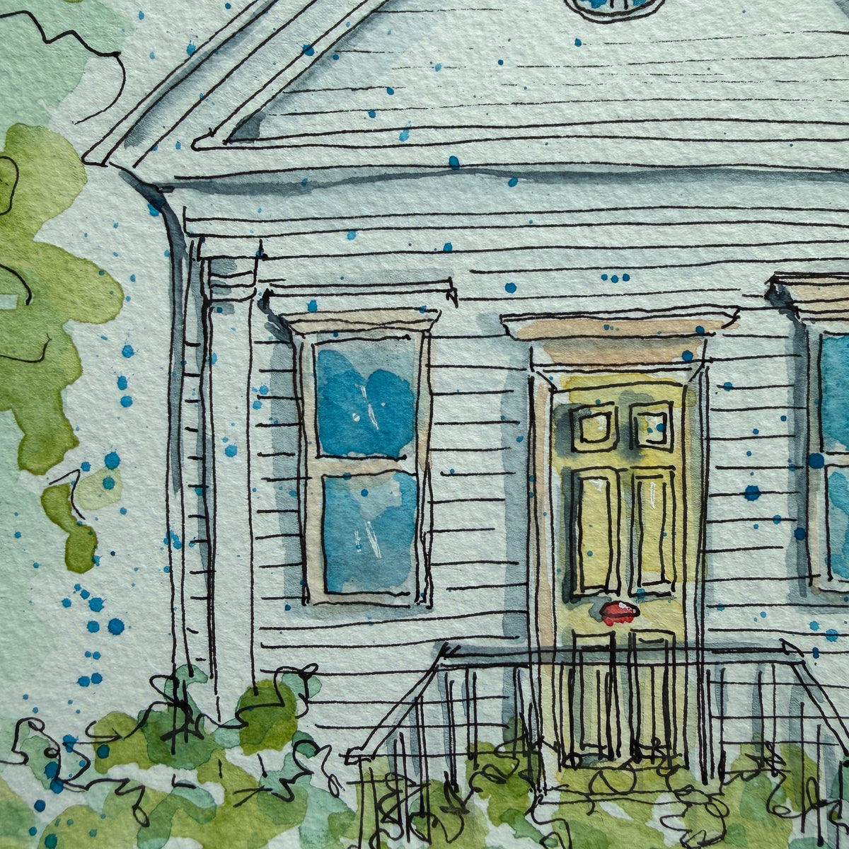 Detail of The White Cottage watercolor and ink painting