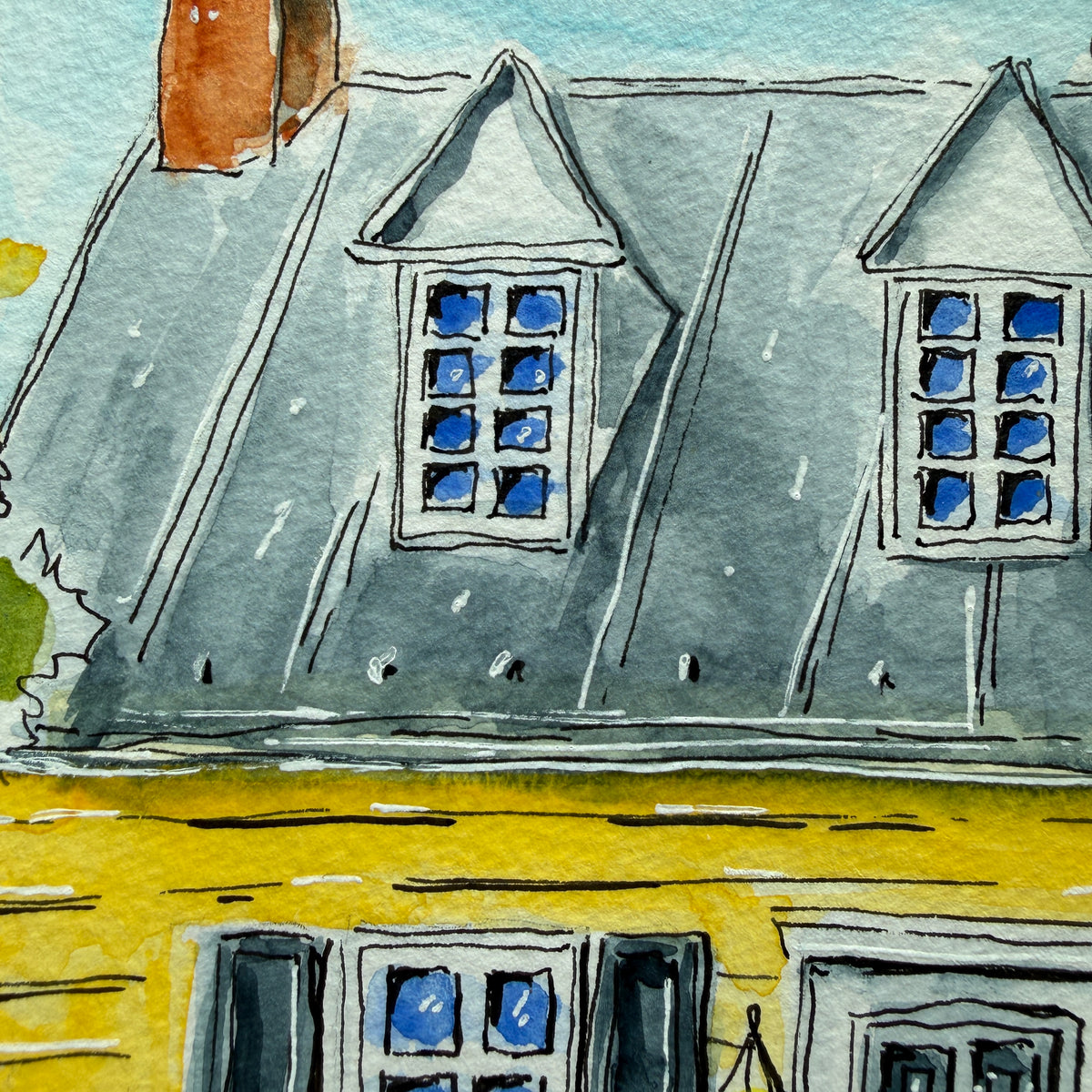 Detail of the yellow colonial watercolor showing the dormer windows, brick chimney and standing seam roof