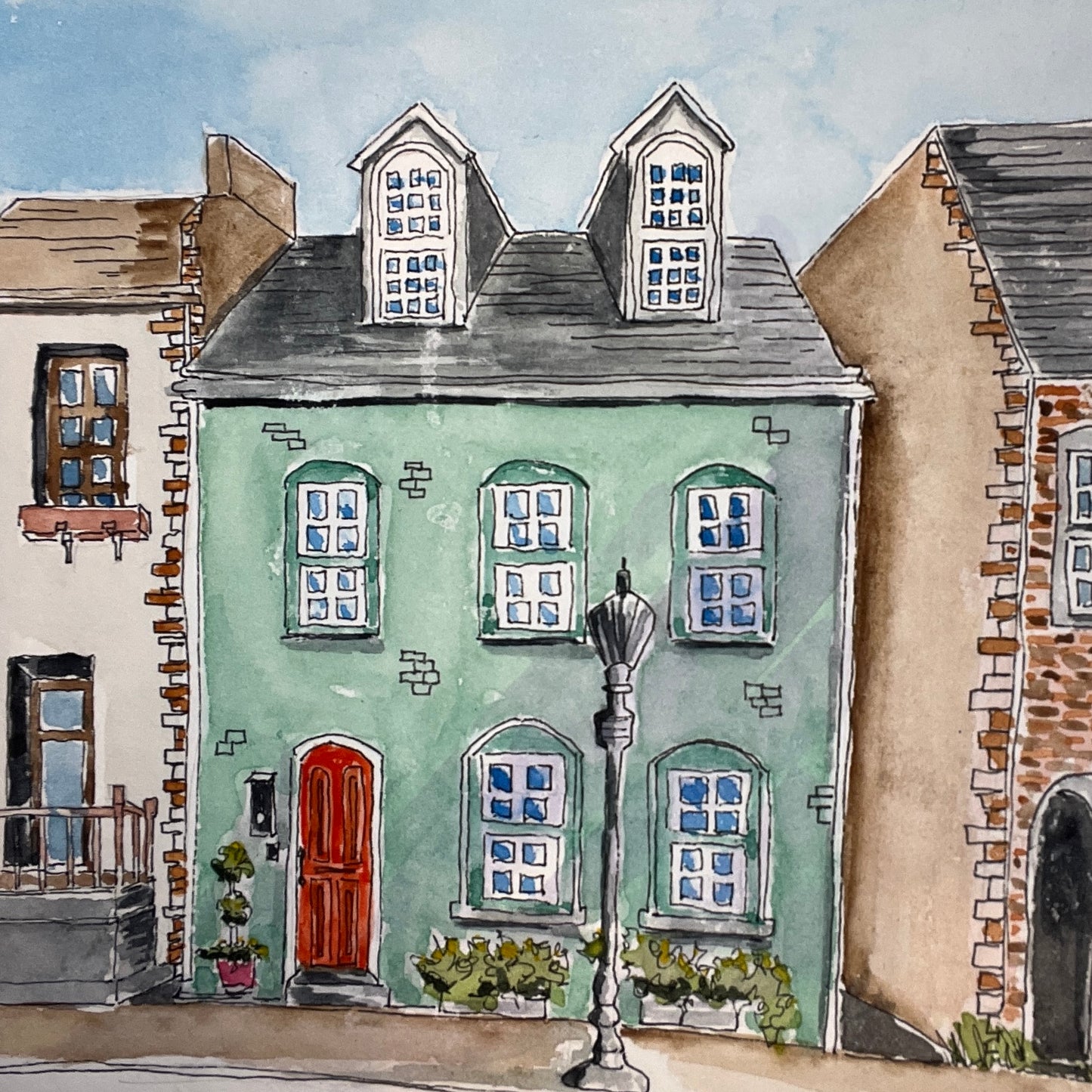 The Streetlamp Row House, original watercolor by Lynnie Broos Art