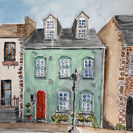 The Streetlamp Row House, original watercolor by Lynnie Broos Art