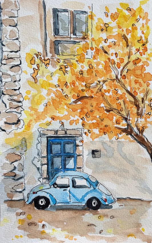 A Wobble in France, original watercolor by Lynnie Broos Art