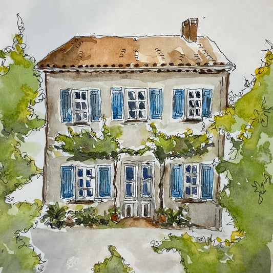 The French Blue Shutter House, original watercolor by Lynnie Broos Art