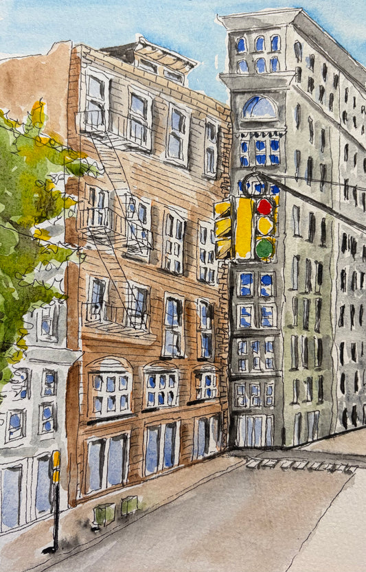 Waiting at the Light, original watercolor by Lynnie Broos Art