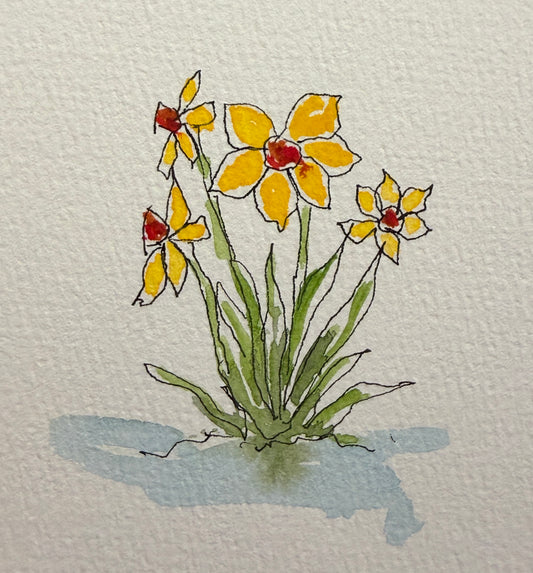 Red Tulips Blue Pot, original mini watercolor by Lynnie Broos Art