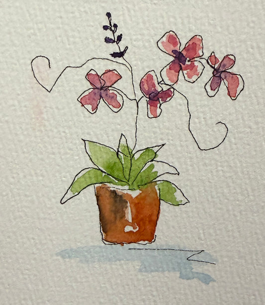Pink Tulips Clay Pot, original mini watercolor by Lynnie Broos Art