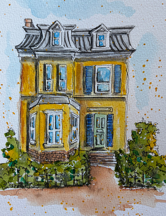 A Yellow Imperfect Funky Home, original watercolor by Lynnie Broos Art