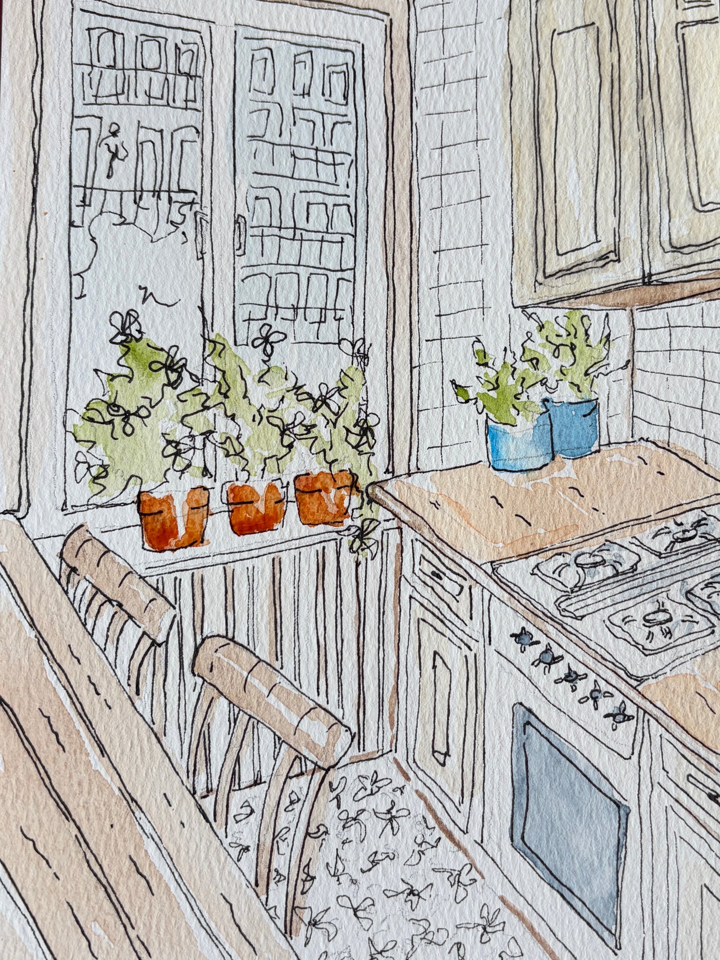 Snowy Watercolor Kitchen - Step 2: add structure with pen