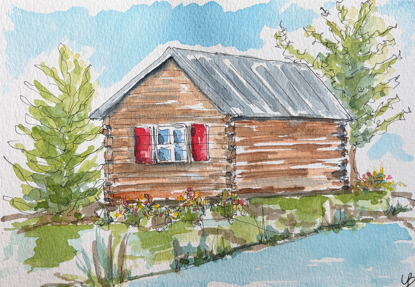 The Red Shutter Cabin, original watercolor by Lynnie Broos Art