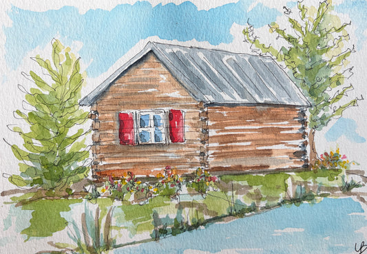 The Red Shutter Cabin, original watercolor by Lynnie Broos Art