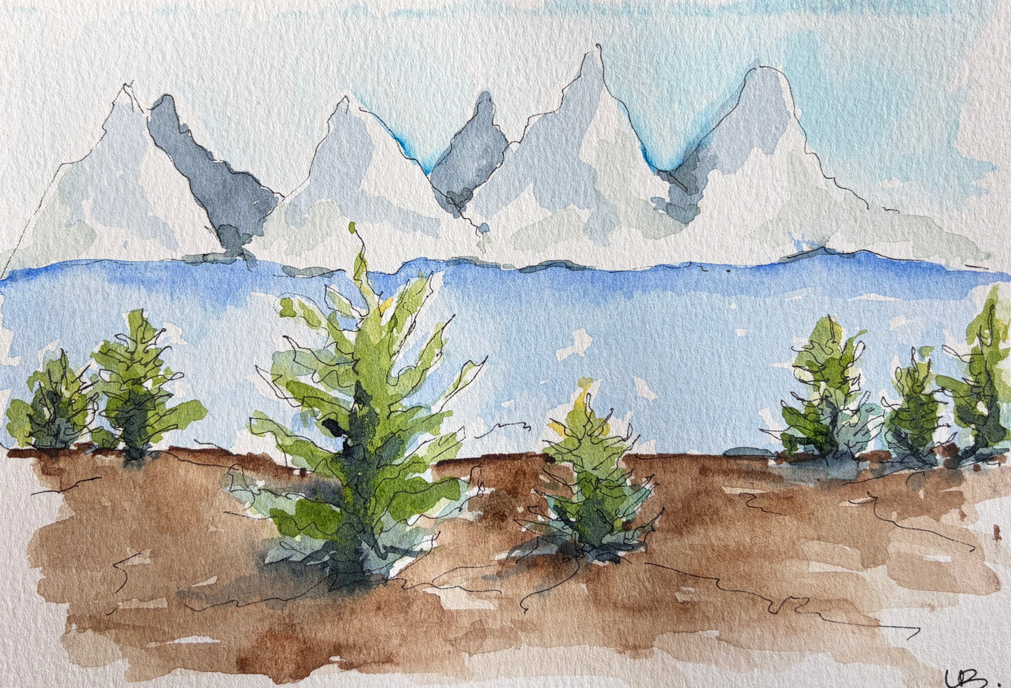 Two Cabins and the Tetons detail, original watercolor by Lynnie Broos Art
