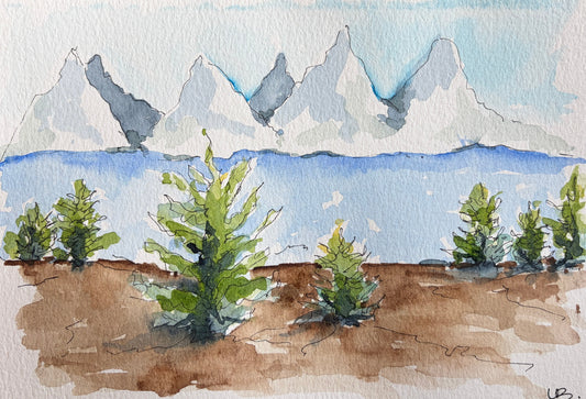 Two Cabins and the Tetons detail, original watercolor by Lynnie Broos Art