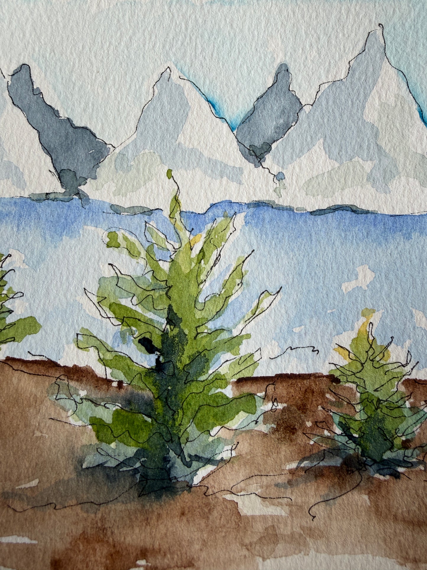 Jackson Lake and the Tetons, original watercolor by Lynnie Broos Art