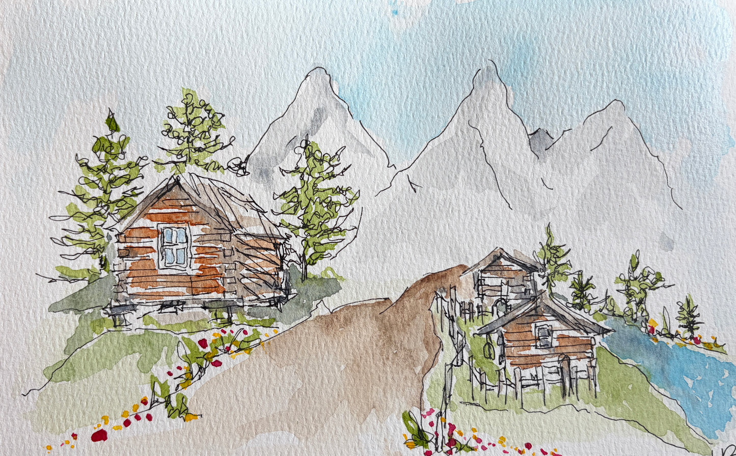 Two Cabins and the Tetons, original watercolor by Lynnie Broos Art