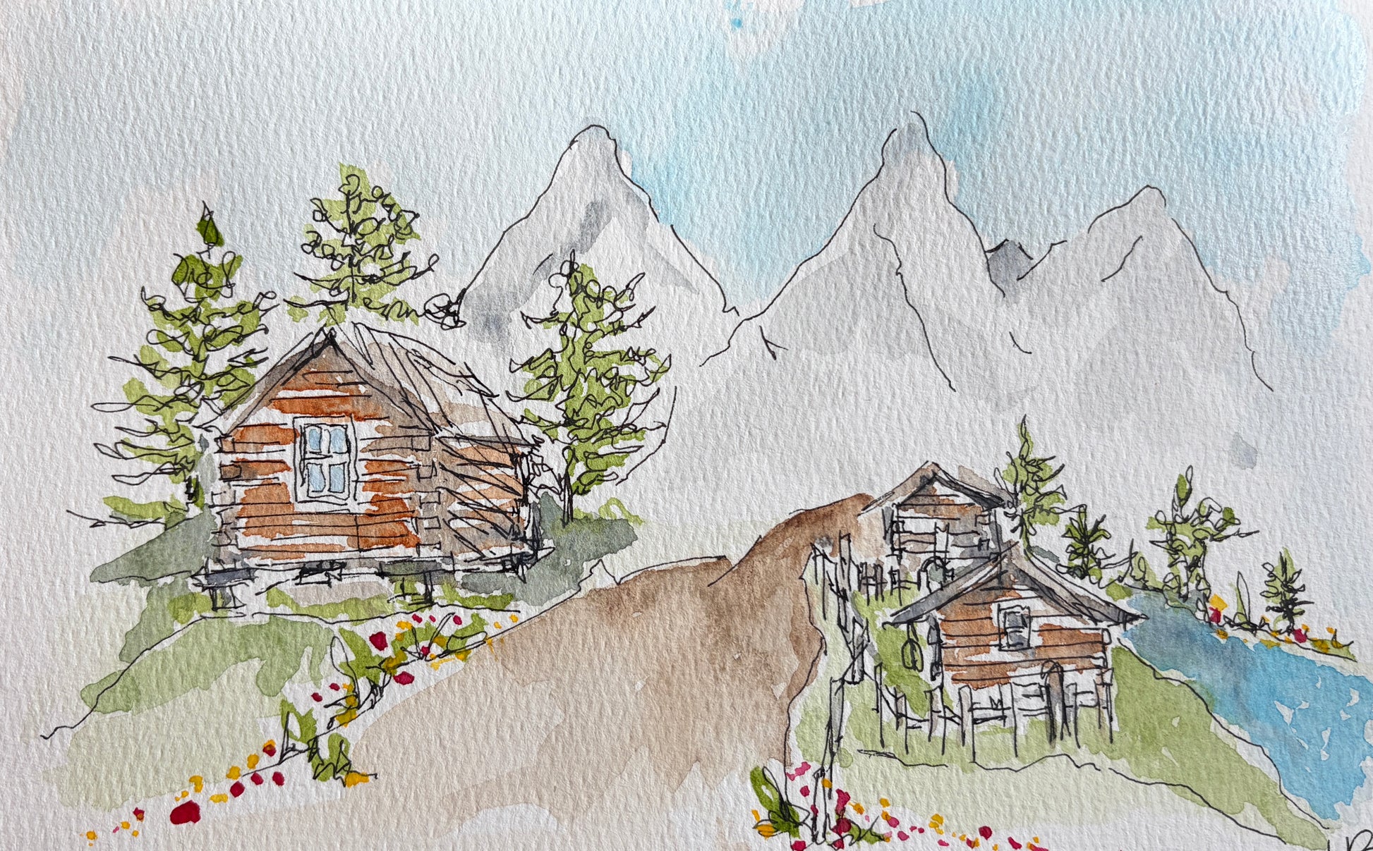 Two Cabins and the Tetons, original watercolor by Lynnie Broos Art