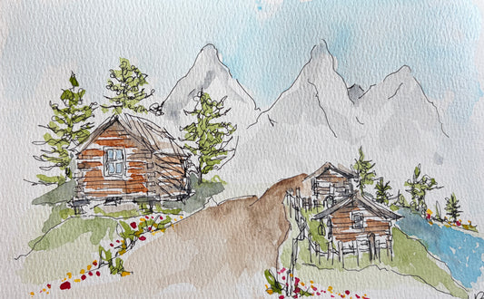 Two Cabins and the Tetons, original watercolor by Lynnie Broos Art