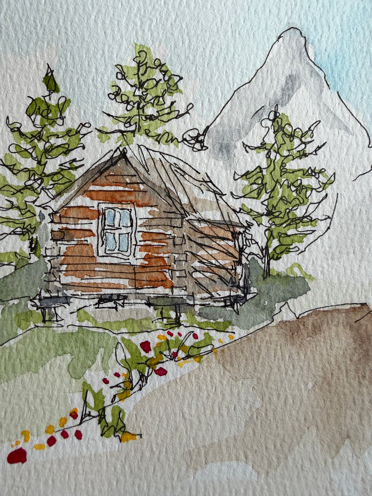 Two Cabins and the Tetons closeup, original watercolor by Lynnie Broos Art