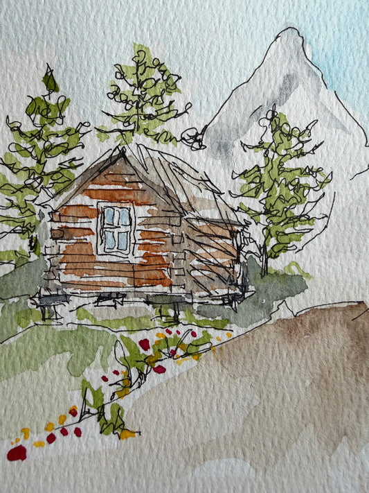 Two Cabins and the Tetons closeup, original watercolor by Lynnie Broos Art