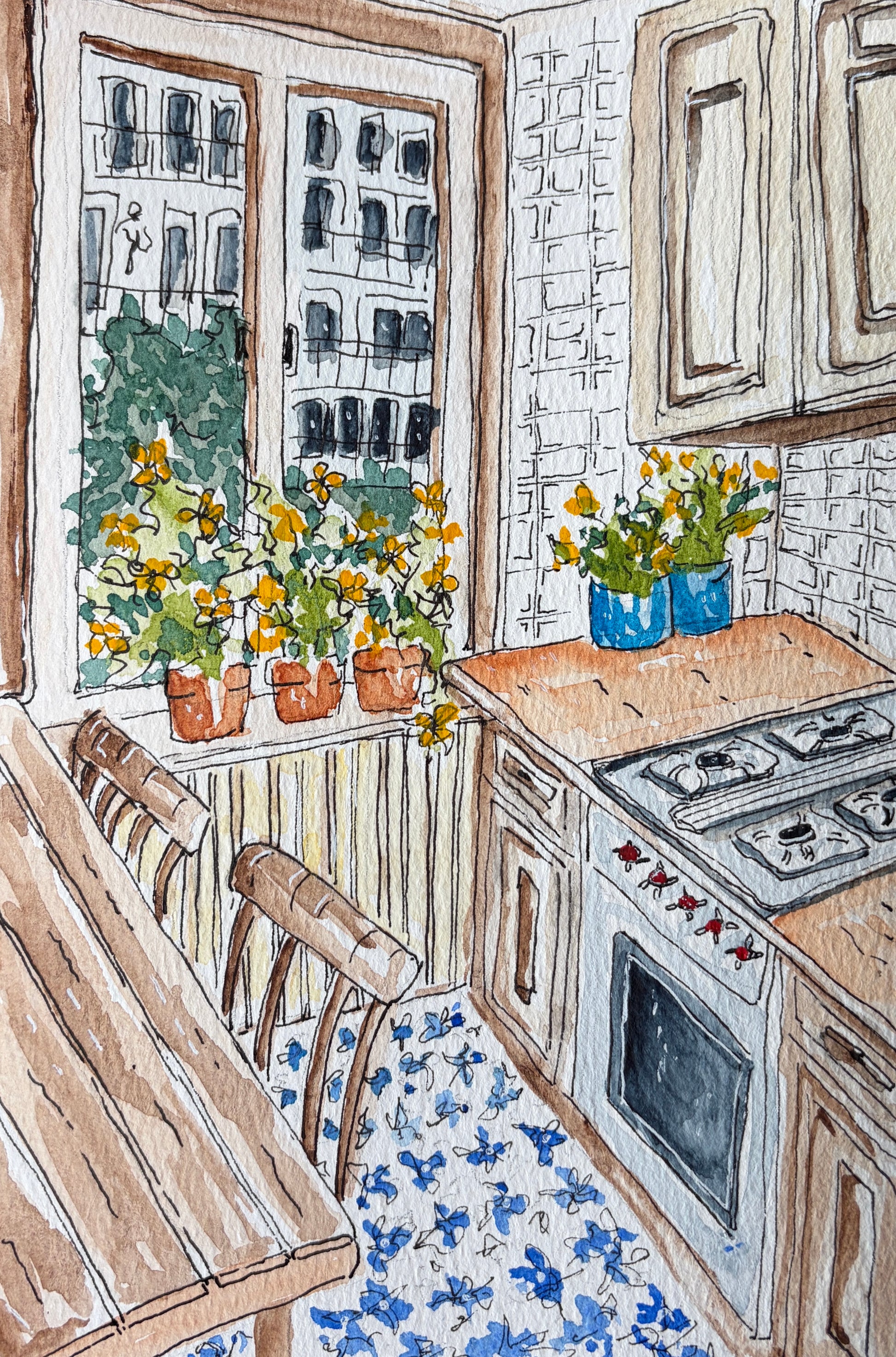Kitchen Love detail, original watercolor interior by Lynnie Broos Art