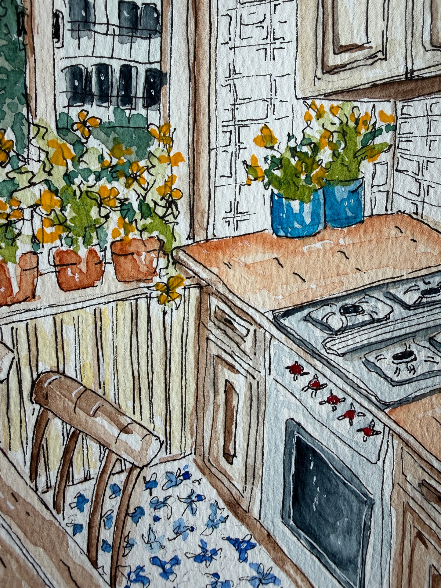Kitchen Love, original watercolor interior by Lynnie Broos Art