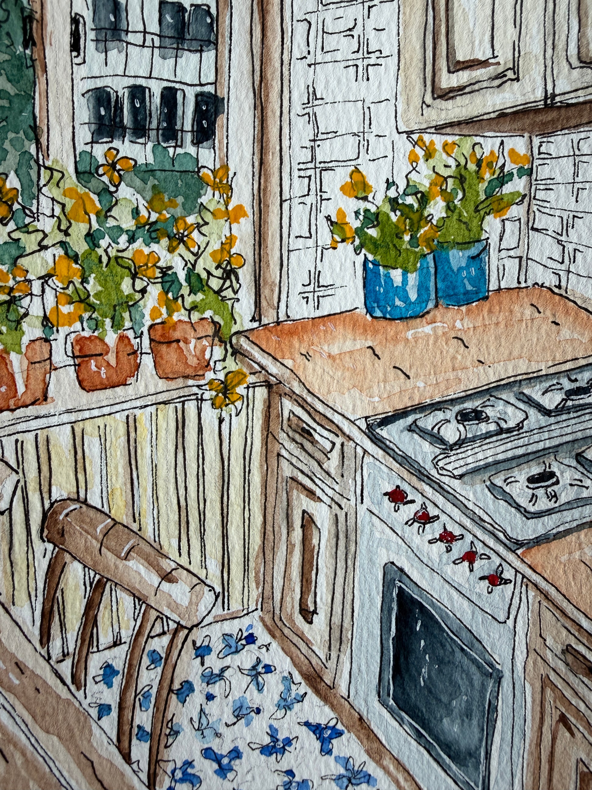 Kitchen Love, original watercolor interior by Lynnie Broos Art