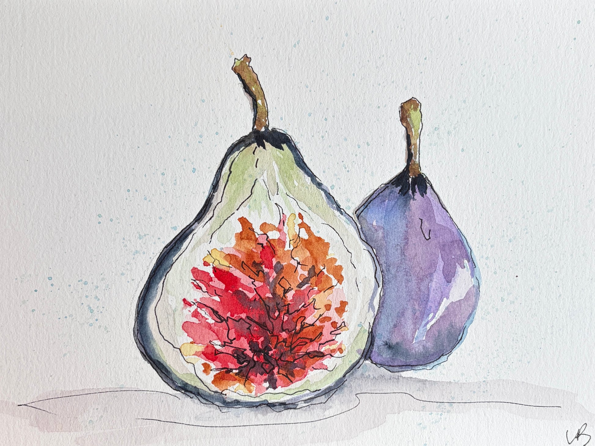 Watercolor and ink painting of a halved fig with red-orange center beside a whole purple fig