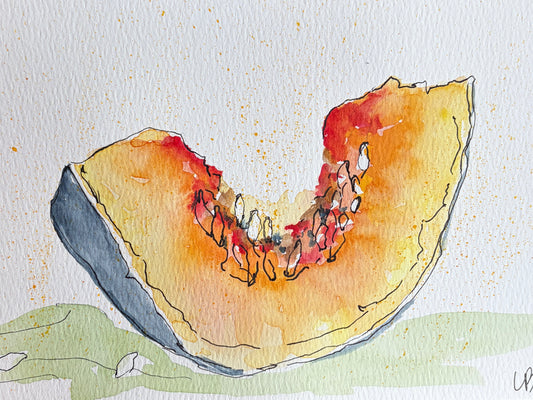 Watercolor and ink painting of a wedge of pumpkin with seeds and orange paint splatter