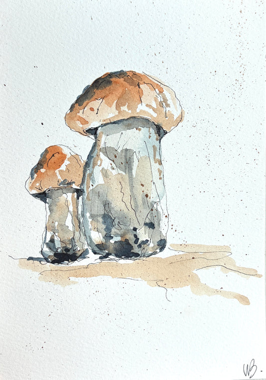 Watercolor and ink painting of two wild porcini mushrooms in earthy browns and grays