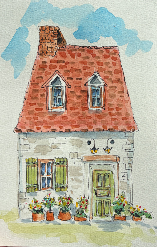 Watercolor and ink painting of a stone cottage with red tile roof, green shutters, and potted flowers