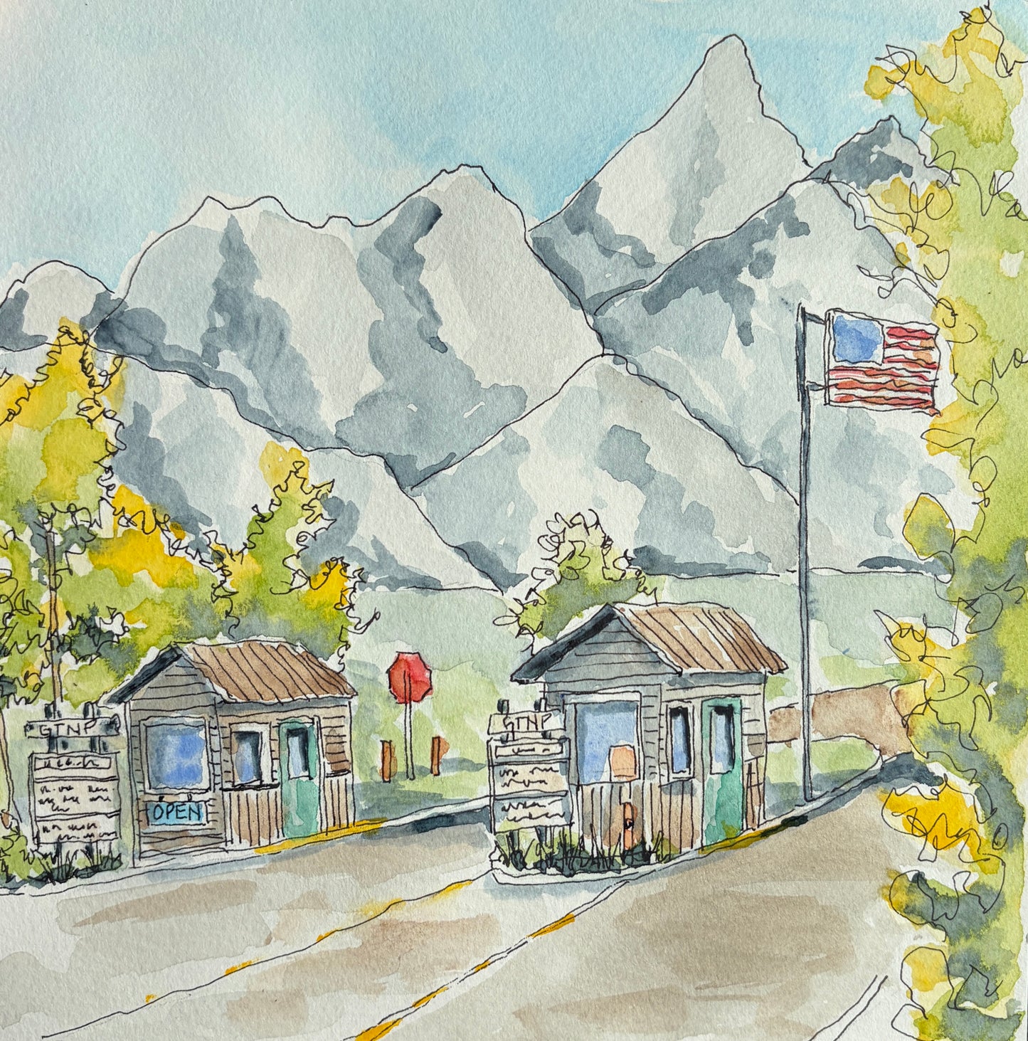Watercolor and ink painting of the Grand Teton National Park entrance station in Moose, Wyoming with American flag and mountain backdrop