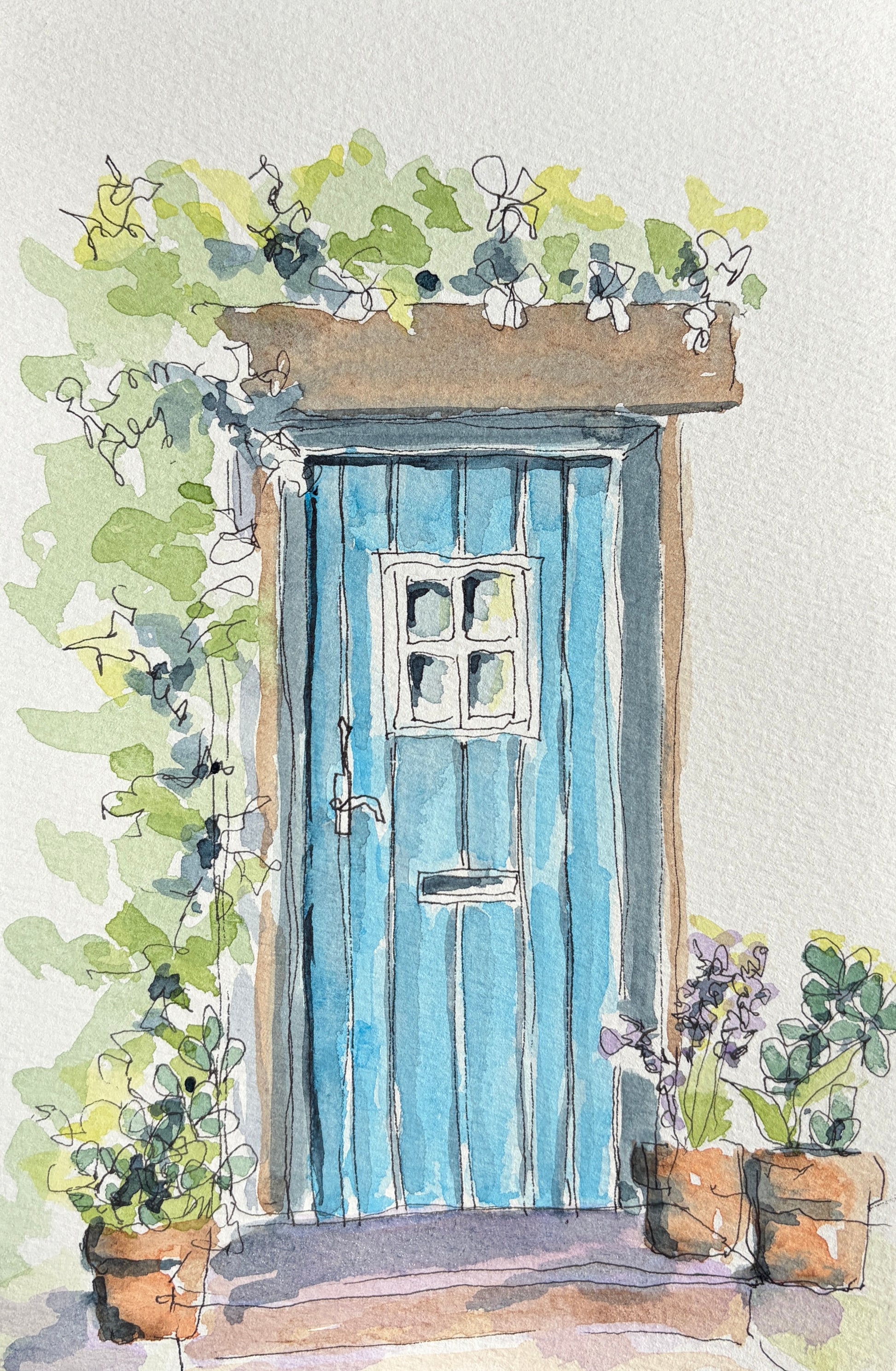 Watercolor and ink painting of a blue cottage door framed by climbing ivy and potted lavender