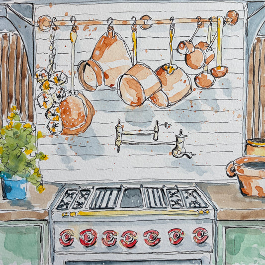 Watercolor and ink painting of a country kitchen with copper pots hanging above a vintage range