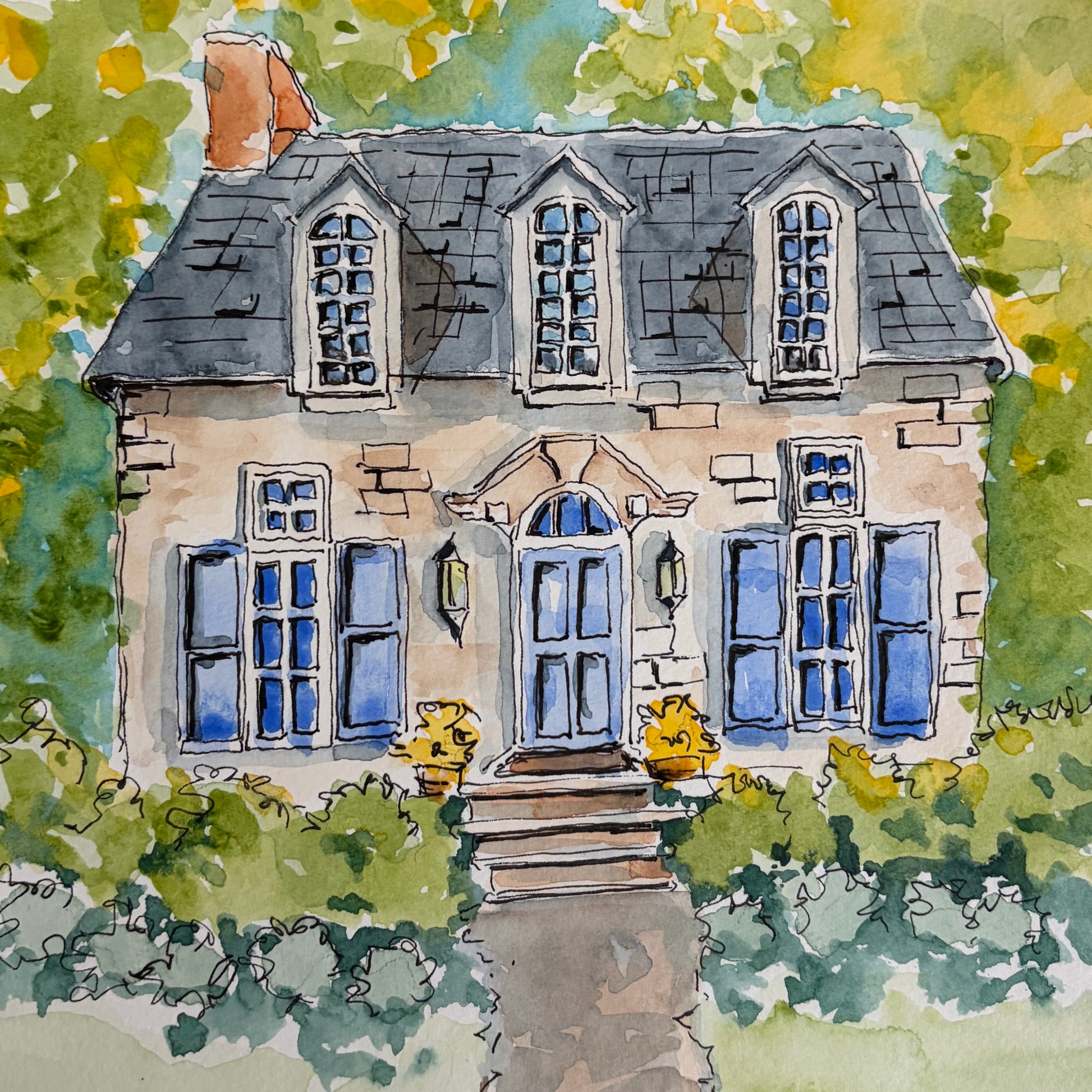 Watercolor and ink painting of a French stone house with blue shutters surrounded by lush greenery