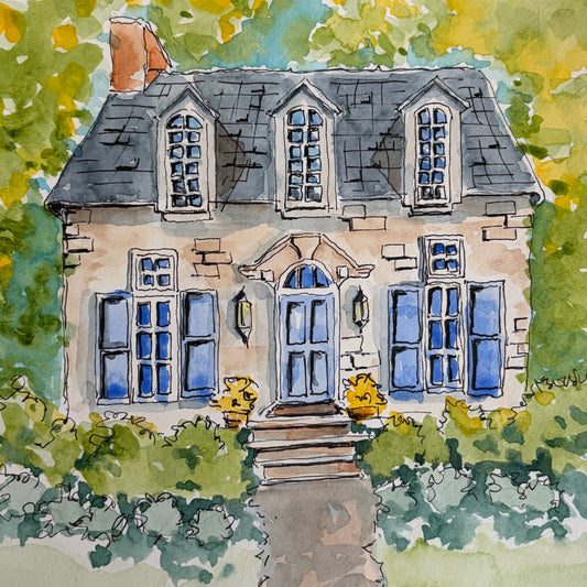 Watercolor and ink painting of a French stone house with blue shutters surrounded by lush greenery