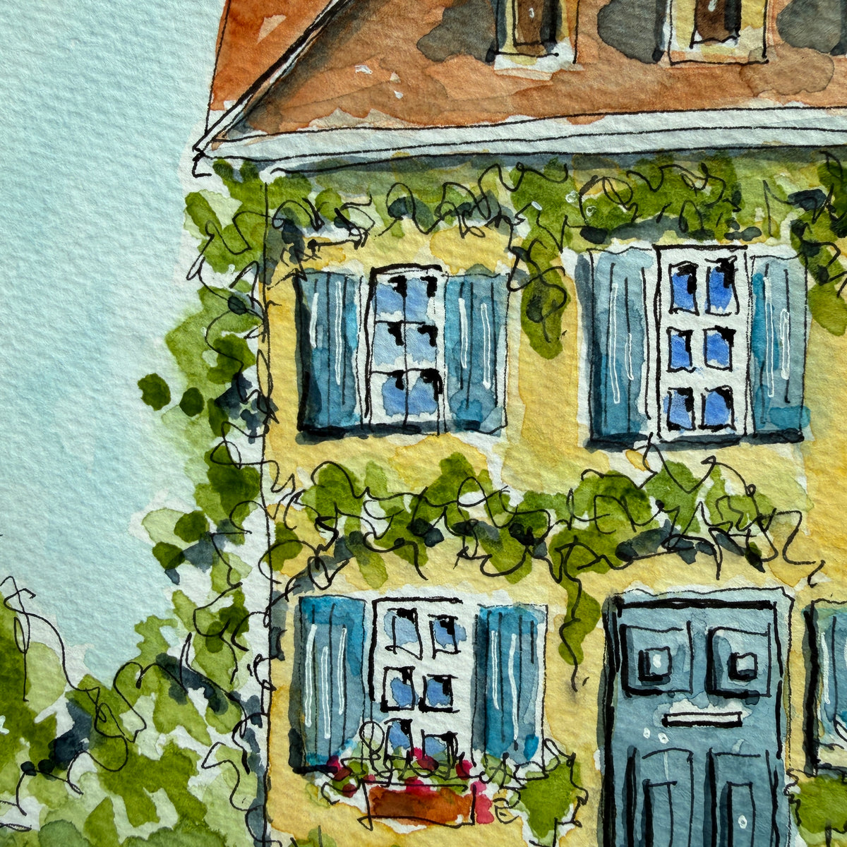 Detail of the yellow ivy house watercolor showing loose ink ivy, blue shutters and the front door