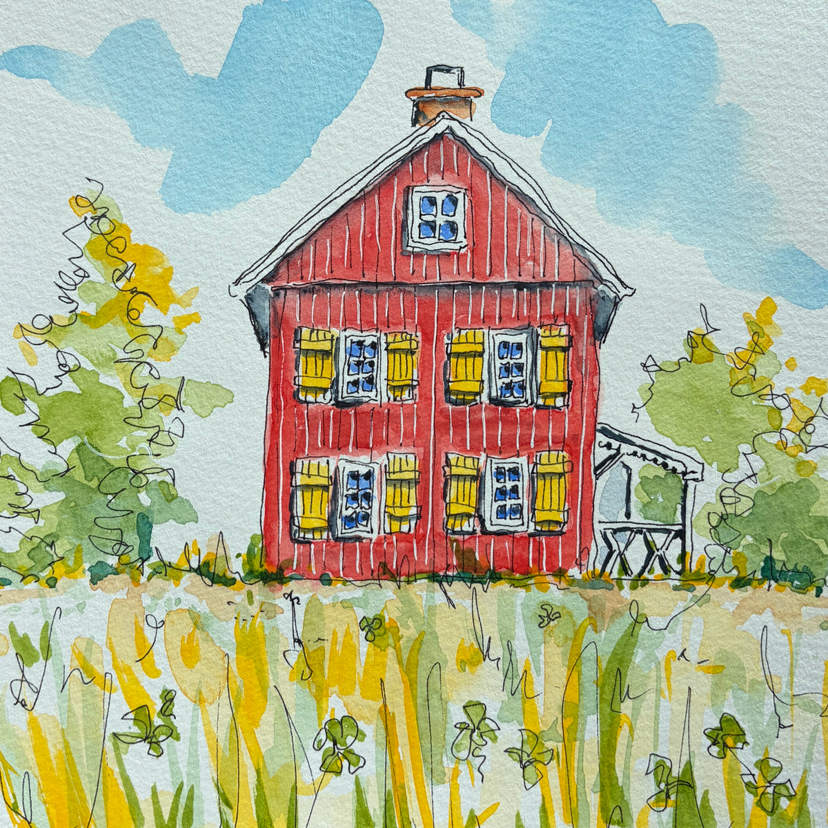 Watercolor and ink painting of a red barn house with yellow shutters and white window trim above a field of tall yellow and green grass