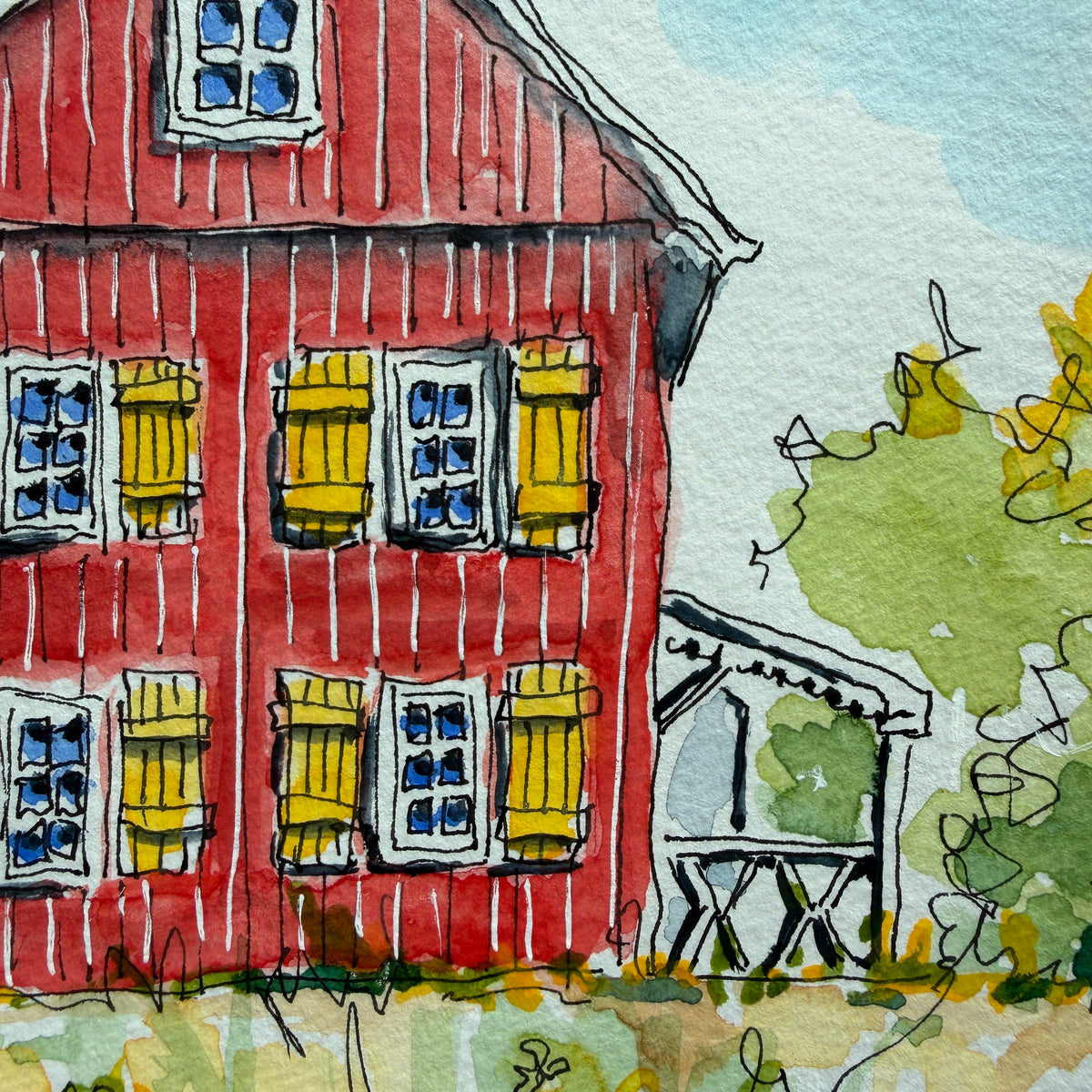 Close-up of the red barn house watercolor showing yellow shutters, white board lines and a small side porch