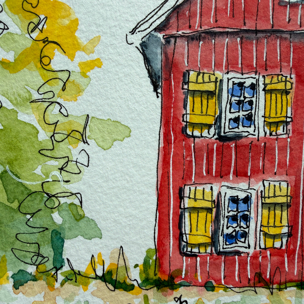 Detail of the red barn house watercolor showing yellow shutters and a loose ink tree