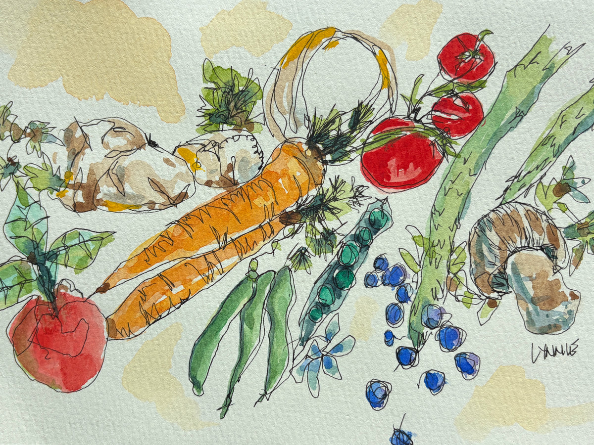 Loose watercolor and ink painting of garden vegetables including carrots, tomatoes, pea pods, green beans, mushrooms and blueberries