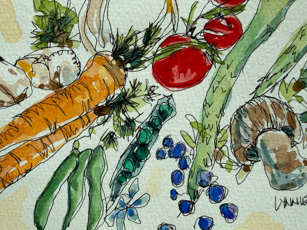 Close-up of the garden harvest watercolor showing tomatoes, an open pea pod, blueberries and mushrooms