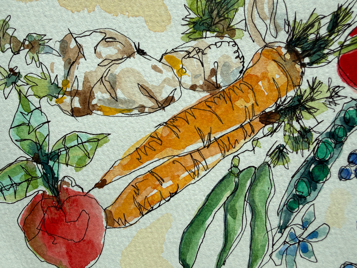 Detail of the garden harvest watercolor showing orange carrots, a red tomato and loose ink lines
