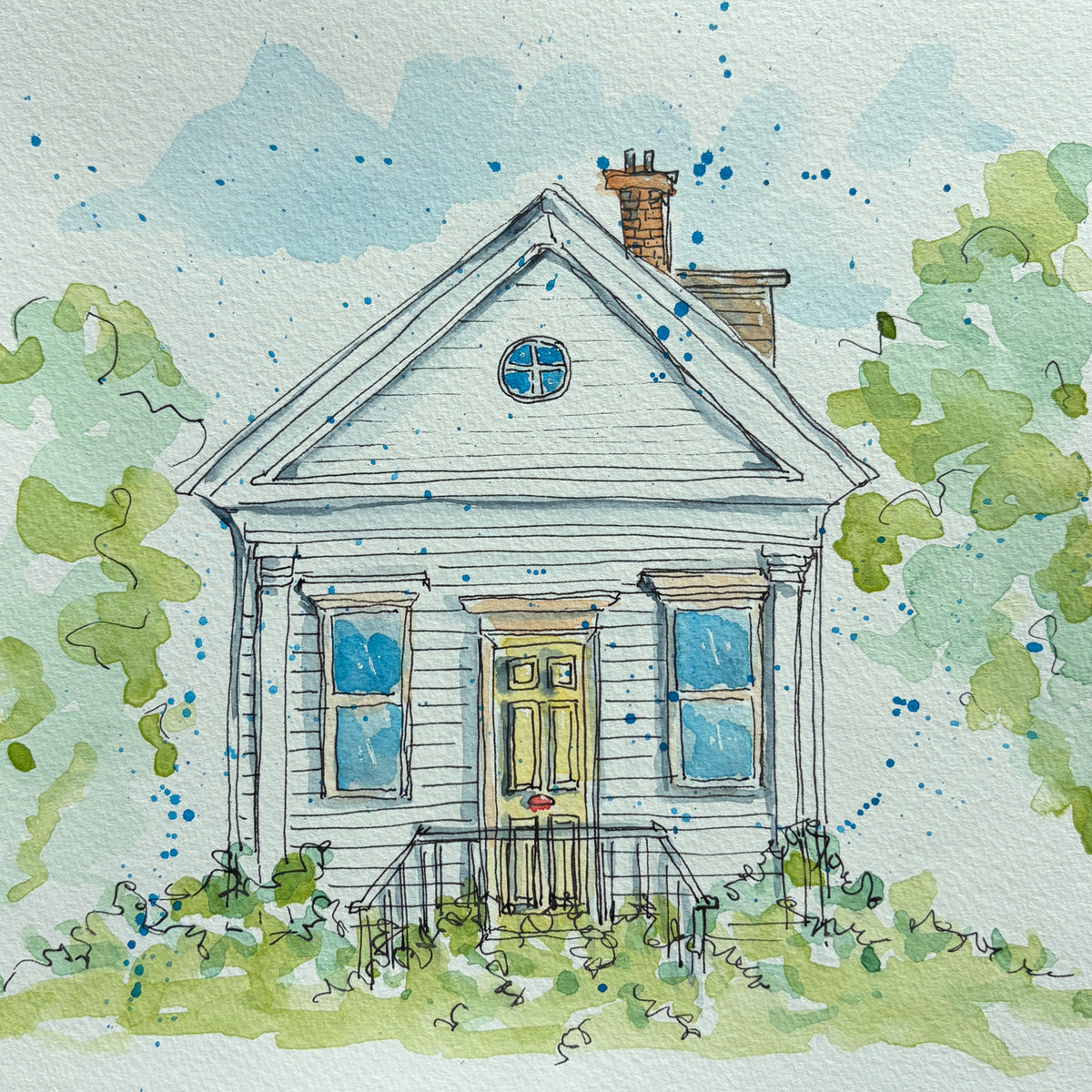 Watercolor and ink painting of a white clapboard cottage with a yellow front door, round attic window, brick chimney and blue paint splatter