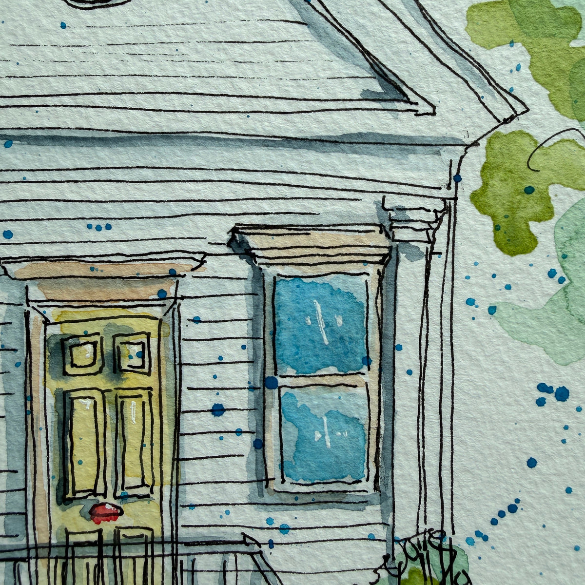 Close-up detail of The White Cottage watercolor and ink painting