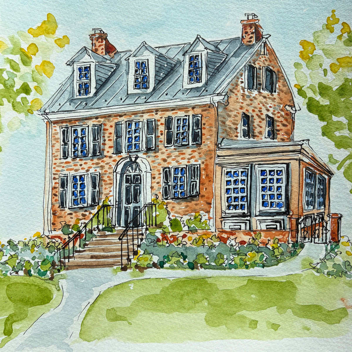 Watercolor and ink painting of a red brick Georgian house with three dormers, dark shutters, an arched front door, iron railings and a sunroom