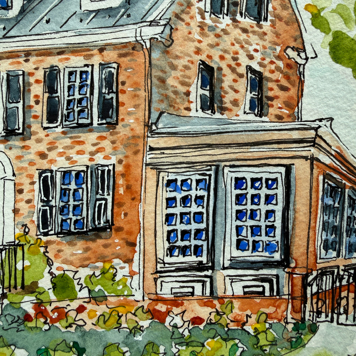 Detail of the brick Georgian watercolor showing the sunroom windows and garden
