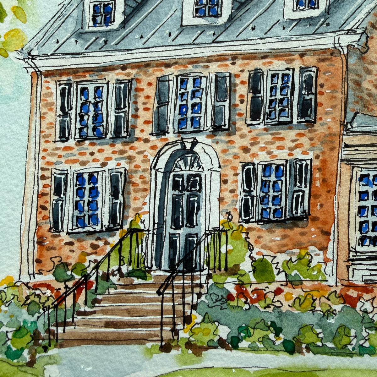 Close-up of the brick Georgian watercolor showing the arched door, front steps and iron railings