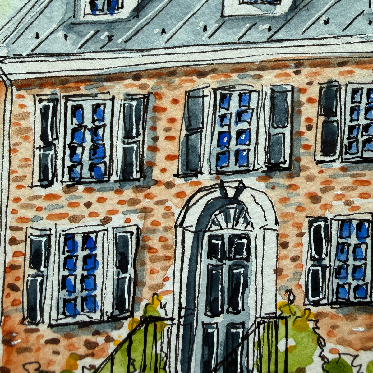 Detail of the brick Georgian watercolor showing shuttered windows and dabbed brickwork