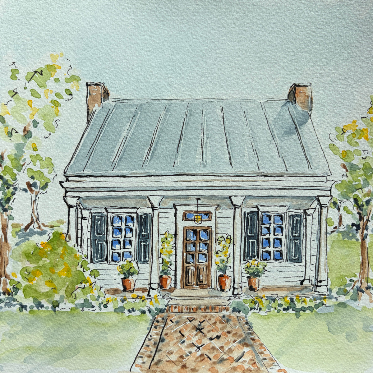 Watercolor and ink painting of a white clapboard cottage with a tin roof, porch columns, dark shutters, a wood front door, potted plants and a brick walkway